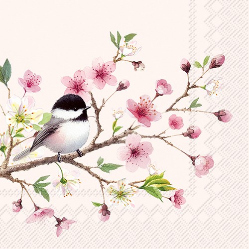 20 Servietten Little Birdie light rose - Kleiner Vogel an Blütenzweig 33x33cm