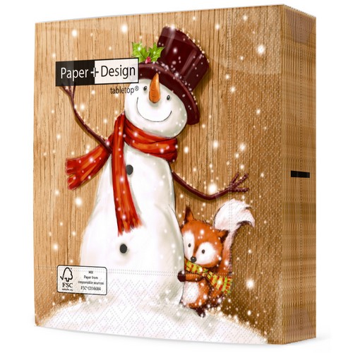 20 Servietten Cheery Snowman - Fuchs an Schneemann 33x33cm