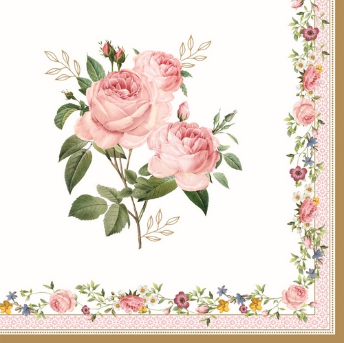 20 Servietten Chant des roses - Rosenzweig an Blumenbordüre 33x33cm
