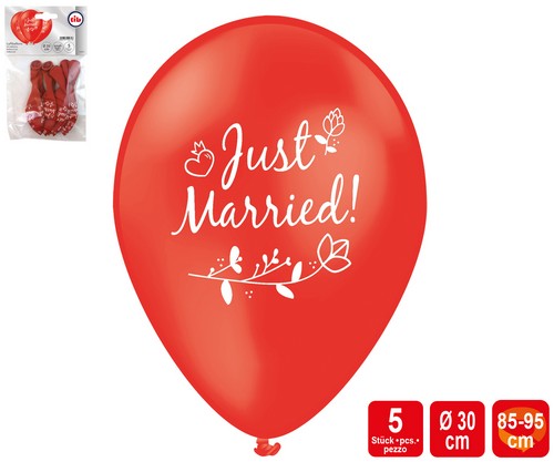 Luftballon Just married 5 Stück, rot ca. 30cm