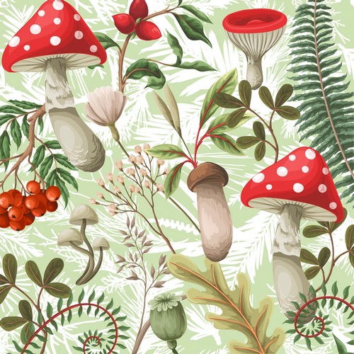 20 Servietten Forest Fungi - Waldpilze und Blätter 33x33cm