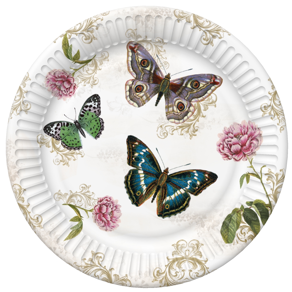 8 Pappteller Butterflies on Retro Background  - Schmetterlinge mit Ornamente und Blumen Ø22,7cm