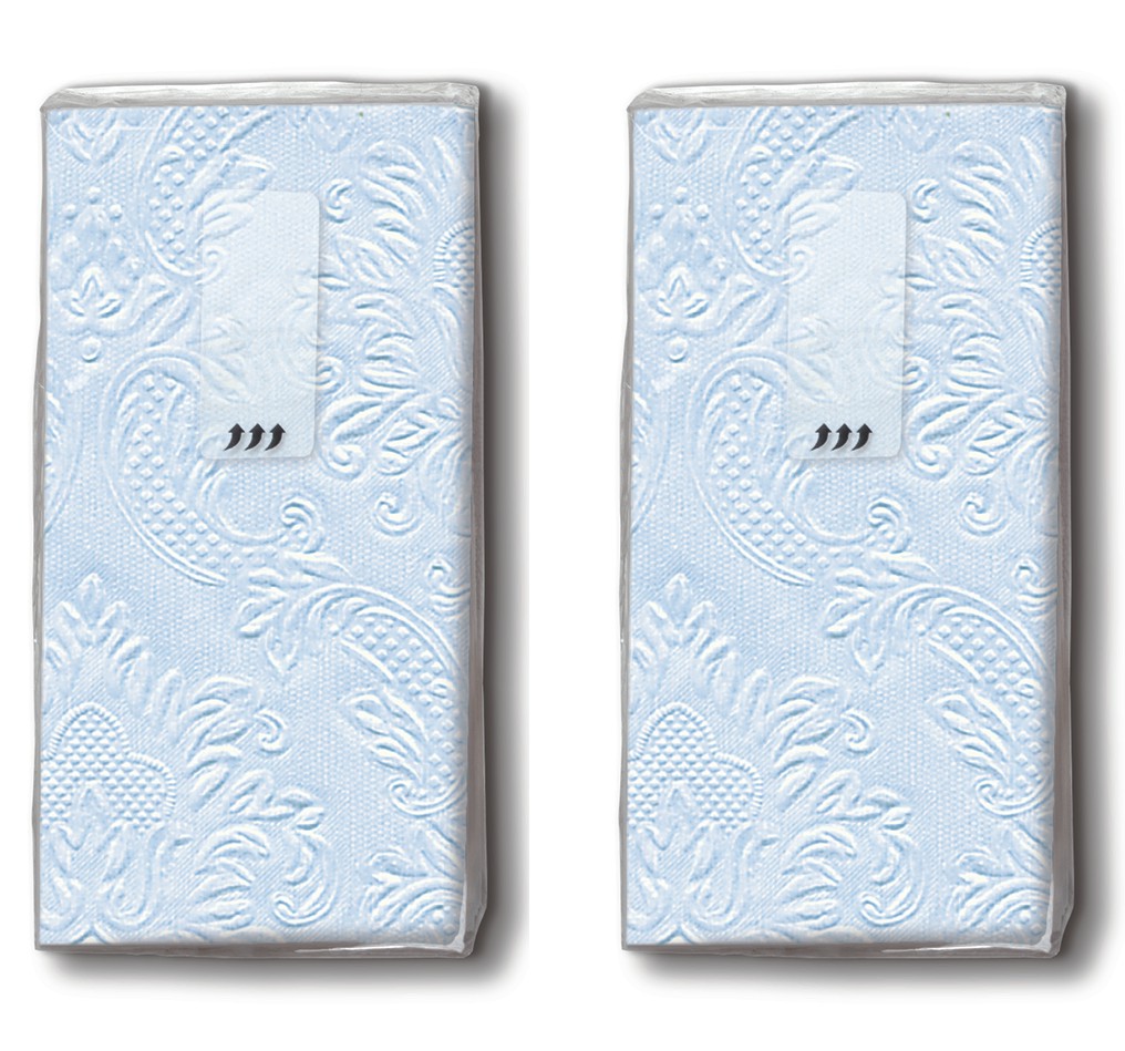 2x 10 Taschentücher Moments Ornament pastel blue - Uni pastellblau mit Ornamente geprägt