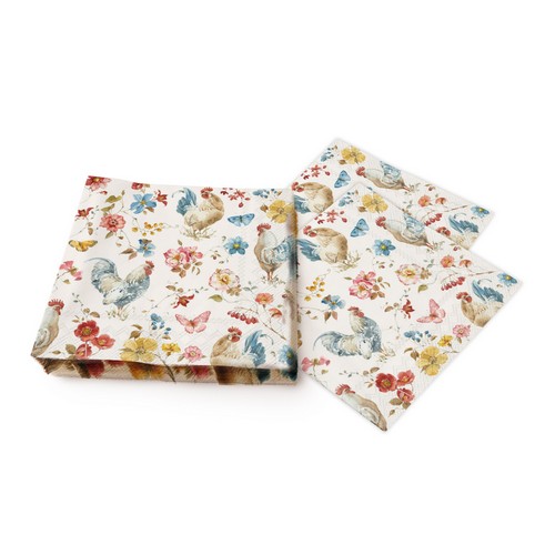 20 Servietten Country Rooster cream - Hahn an Vintage-Blüten 33x33cm