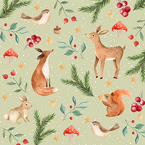 20 Servietten Winternight salbei - Waldtiere um Naturzweige hellgrün 33x33cm