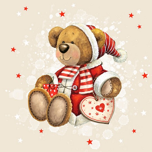 20 Servietten Weihnachtsteddy - Weihnachtlicher Teddybär mit Herz 33x33cm