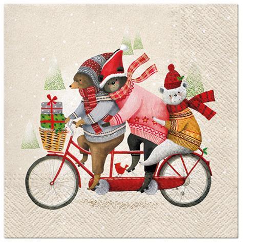 20 Servietten Bears Family - Winterbären auf Fahrrad 33x33cm