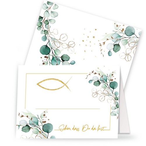 20 Tischkarten Eucalyptus Golden Fish - Fisch um Eukalyptus weiß A7, 10,5cm, Höhe 7,4cm