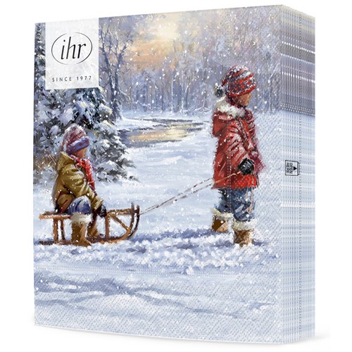 20 Servietten Winter Sleigh Ride - Kind zieht Schlitten 33x33cm
