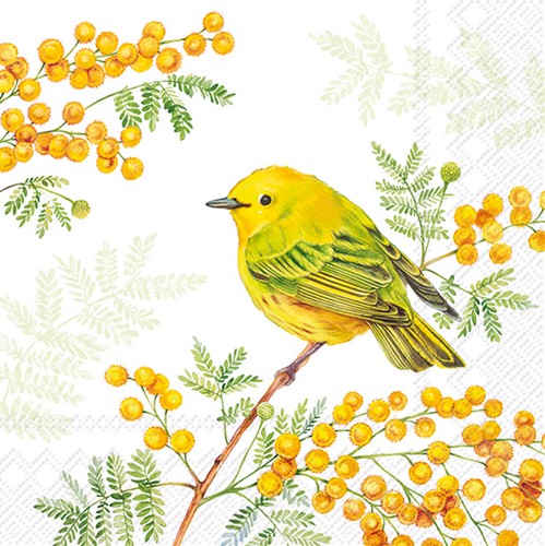 20 Servietten Joy of Spring - Grüner Vogel an gelben Blüten 33x33cm