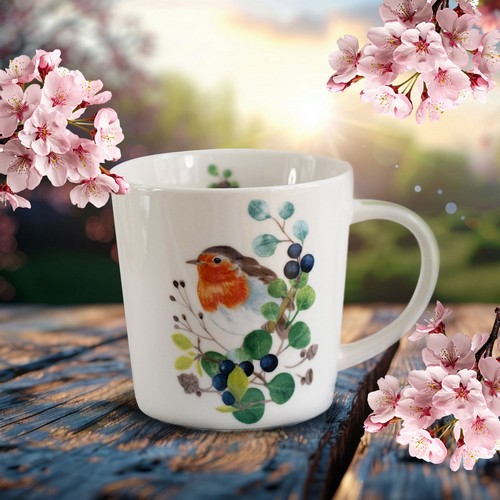 Tasse aus Porzellan Oiseau sur Branche - Rotkehlchen an Naturgesteck 0,4L, Höhe 9,7cm