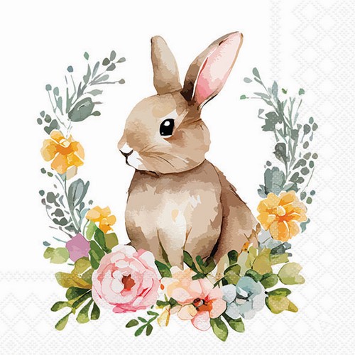 20 Servietten Cute Easter Rabbit - Hase hinter Blumenkranz 33x33cm