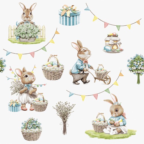 20 Servietten Bunny Joy - Hasen bereiten Ostern vor 33x33cm