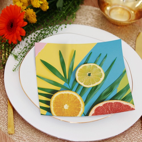 20 Servietten Fresh Summer - Citrus auf Streifen 33x33cm