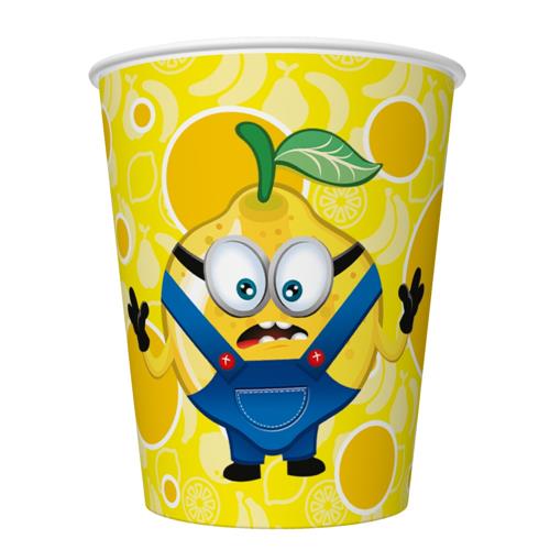 8 Pappbecher Crazy Fruits Boys - Verrückte Obstfiguren 250ml Ø5,5-8cm, H9cm