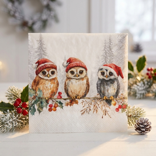 20 Servietten Wise Owls - Eulen mit Weihnachtsmütze 33x33cm