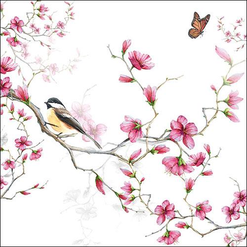 20 Servietten Bird and Blossom white - Vogel an pinke Blüten 33x33cm