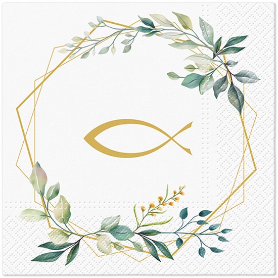 20 Servietten Communion Pattern - Fisch an goldener Umrandung 33x33cm