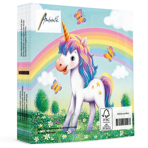 20 Servietten Jolly - Einhorn am bunten Regenbogen 33x33cm