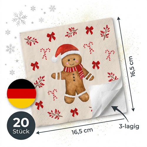20 Servietten Petit Biscuit - Zuckerstangen um Lebkuchenfigur 33x33cm