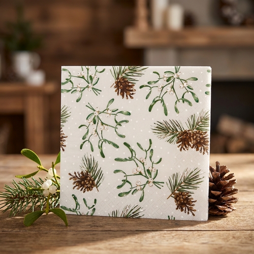 20 Servietten Sweet Mistletoe - Zarte Mistelzweige und Zapfen 33x33cm