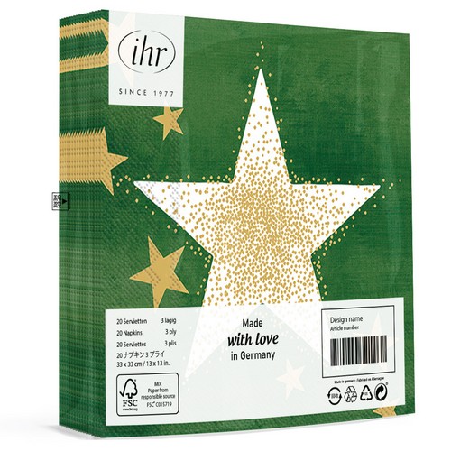 20 Servietten Shining Stars green gold - Goldener Schimmer auf Stern grün 33x33cm