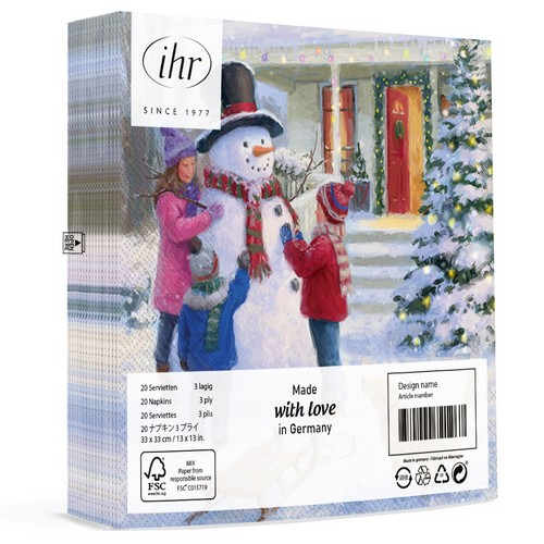 20 Servietten Fun withe Snowman - Kinder bauen Schneemann am Haus 33x33cm