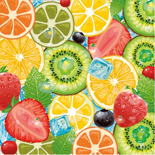 20 Servietten Fresh Fruit Mix - Obstscheiben an Eiswürfel 33x33cm