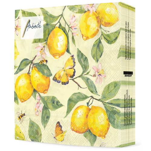20 Servietten Fresh Lemons yellow - Schmetterlinge an frischen Zitronen gelb 33x33cm