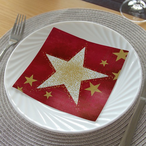 20 Servietten Shining Stars red gold - Goldener Schimmer auf Stern rot 33x33cm