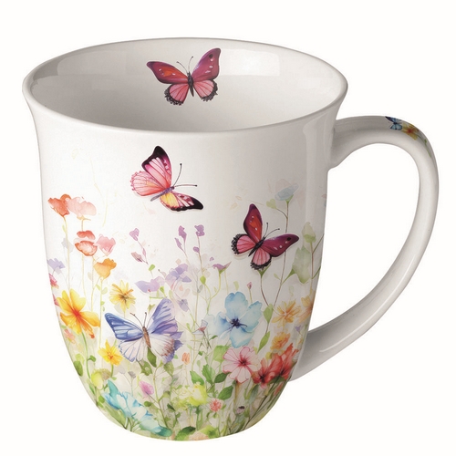 Tasse aus Porzellan Butterflies in field white  - Schmetterlinge im bunten Blumenfeld 0,4L, Höhe 10,5cm