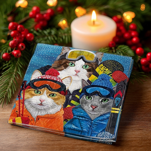 20 kleine Cocktailservietten Ski Cats - Katzen im Skianzug 25x25cm