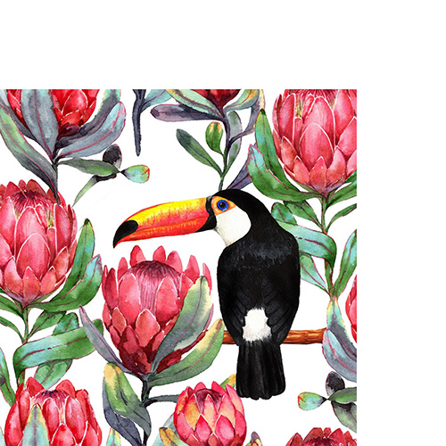 20 kleine Cocktailservietten aus Recycling-Papier Tropical Toucan - Tukan an Protea-Blüten 25x25cm