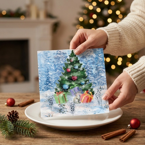 20 Servietten aus Recycling-Papier Winter Tree - Hase und Geschenke am Winterbaum 33x33cm