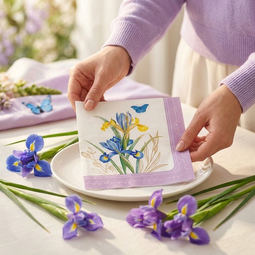 20 Servietten Royal Blossom - Elegante Frühlingsblumen an flieder Bordüre 33x33cm