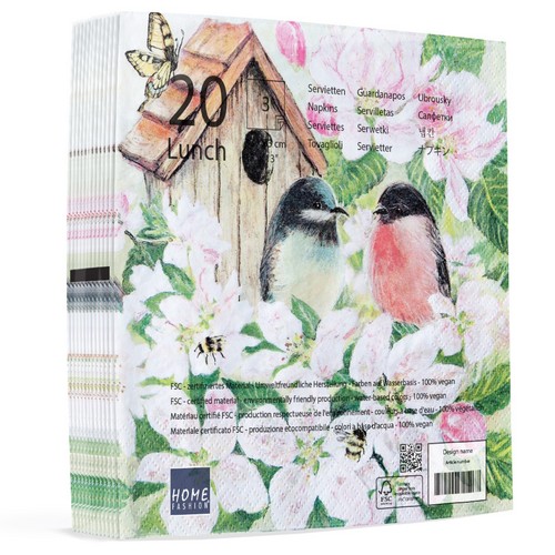 20 Servietten Birds and Blossoms - Vogelhaus an Blüten 33x33cm