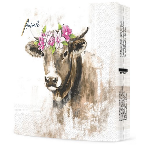 20 Servietten Berta  - Kuh mit Blumenkranz 33x33cm