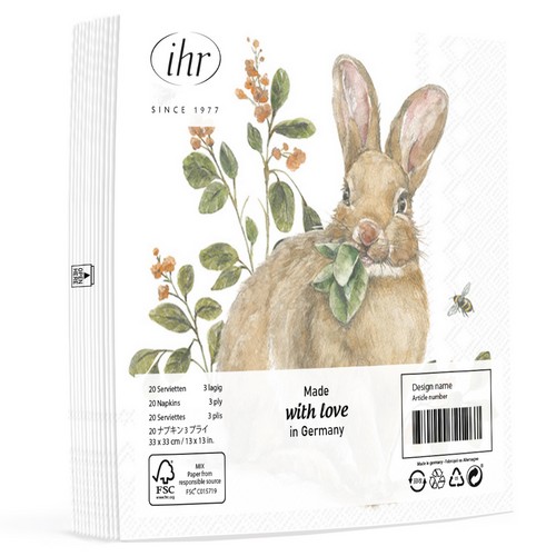 20 Servietten Garden Bunny - Hase kaut Blätter 33x33cm