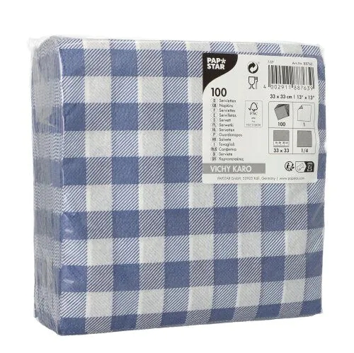 100 Servietten 1-lagig, Vichy Karo blau-weiss 33x33cm