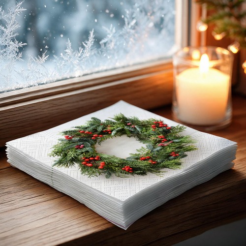 20 kleine Cocktailservietten Merry berry wreath - Natürlicher Kranz mit Beeren 25x25cm