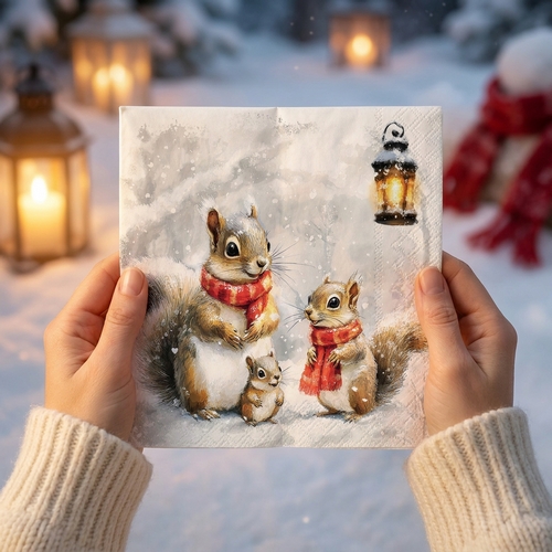 20 Servietten Squirrel Family - Winter-Eichhörnchen an Laterne 33x33cm