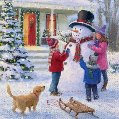 20 Servietten Fun withe Snowman - Kinder bauen Schneemann am Haus 33x33cm