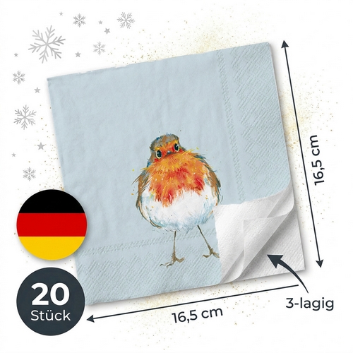 20 Servietten Robin Chico light blue - Witziges Rotkehlchen auf blau 33x33cm