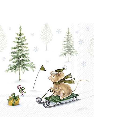 20 kleine Cocktailservietten Winter Snow Fun - Mäuse haben Spaß im Schnee 25x25cm
