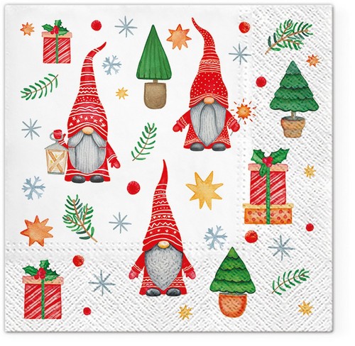 20 Servietten Gnomes and Gifts - Wichtel mit Bäume und Geschenke 33x33cm