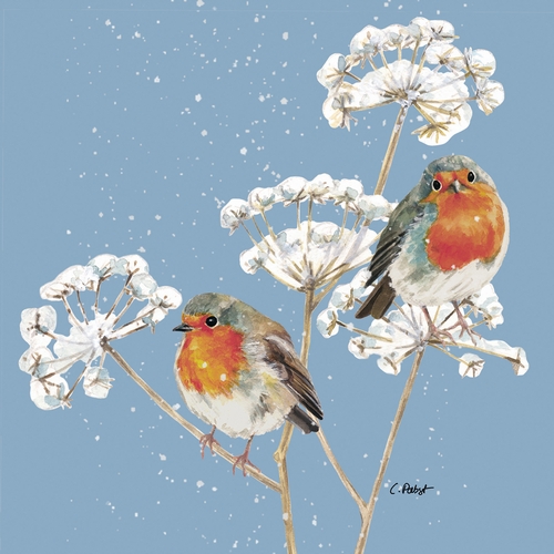 20 Servietten Solitude blue - Rotkehlchen an Gräser im Winter 33x33cm