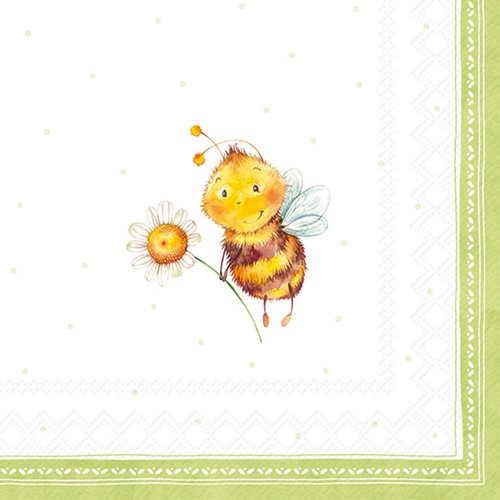 20 Servietten Sunny Bee light green - Lustige Biene mit Blume grün 33x33cm