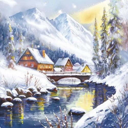 20 Servietten Winter Wonderland - Winterdorf am Fluss 33x33cm