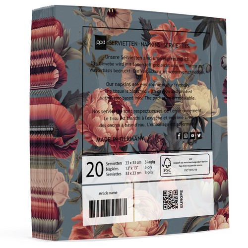20 Servietten Amsterdam Floral - Pfingstrosen Vintage auf blau 33x33cm