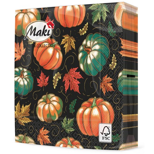 20 Servietten Pumpkins with Maple Leaves - Kürbisse und Blätter auf schwarz 33x33cm